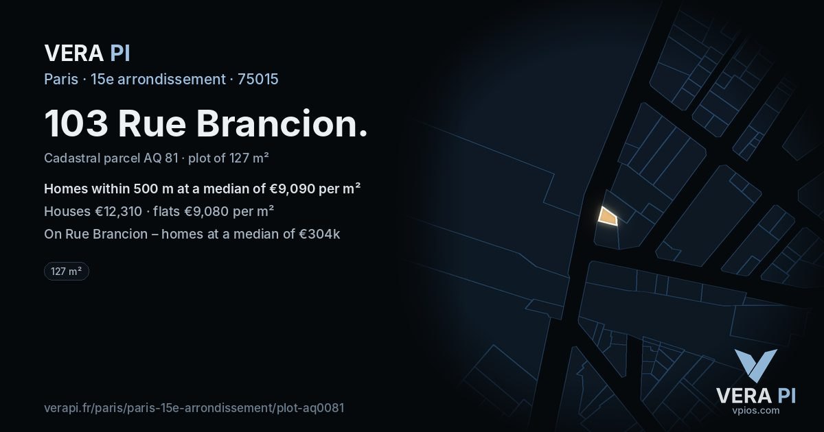 103 Rue Brancion, 15e arrondissement at night – the plot lit, the parcels around coloured by the prices near them
