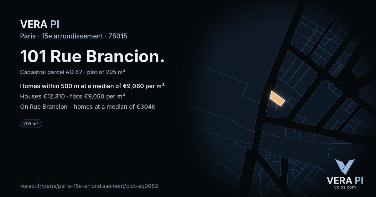 101 Rue Brancion, 15e arrondissement at night – the plot lit, the parcels around coloured by the prices near them