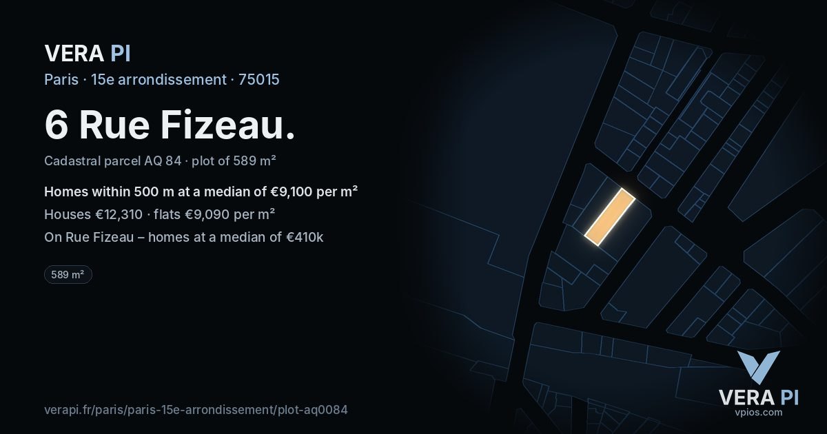 6 Rue Fizeau, 15e arrondissement at night – the plot lit, the parcels around coloured by the prices near them