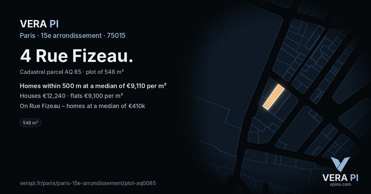 4 Rue Fizeau, 15e arrondissement at night – the plot lit, the parcels around coloured by the prices near them