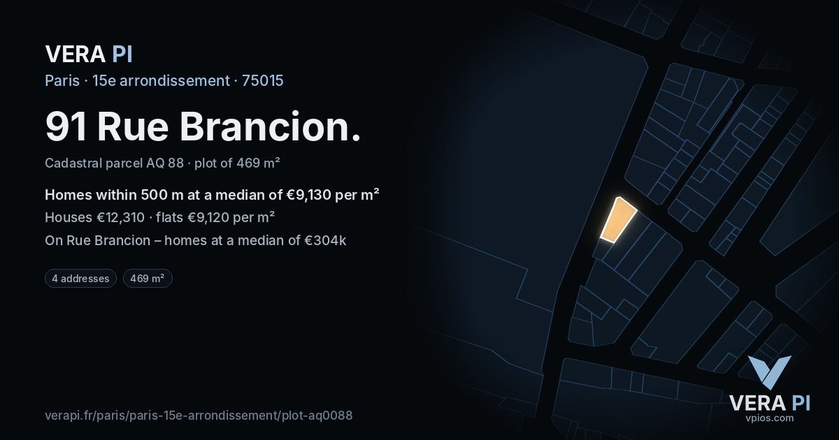 91 Rue Brancion, 15e arrondissement at night – the plot lit, the parcels around coloured by the prices near them