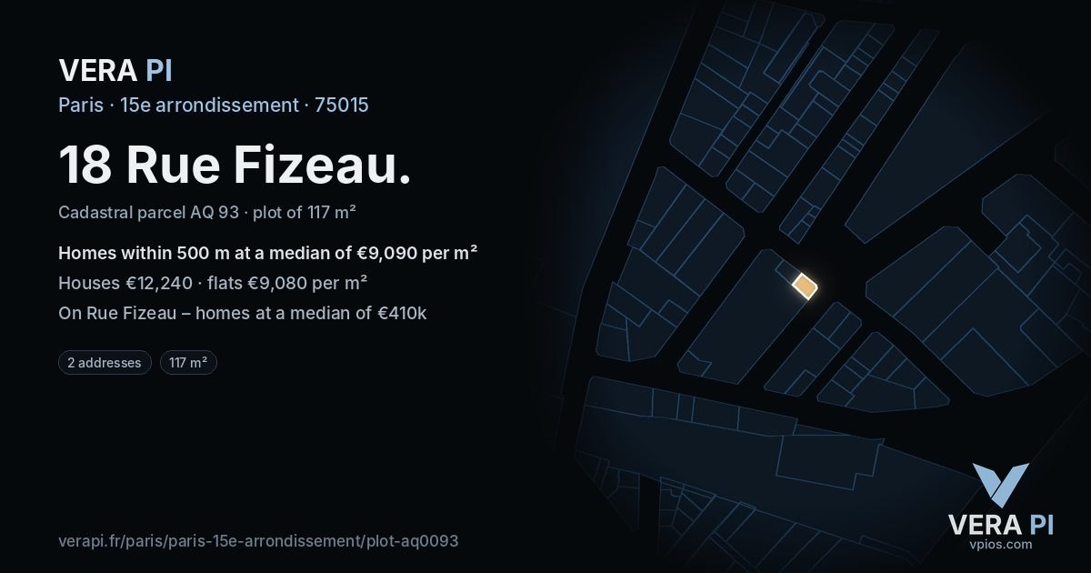 18 Rue Fizeau, 15e arrondissement at night – the plot lit, the parcels around coloured by the prices near them