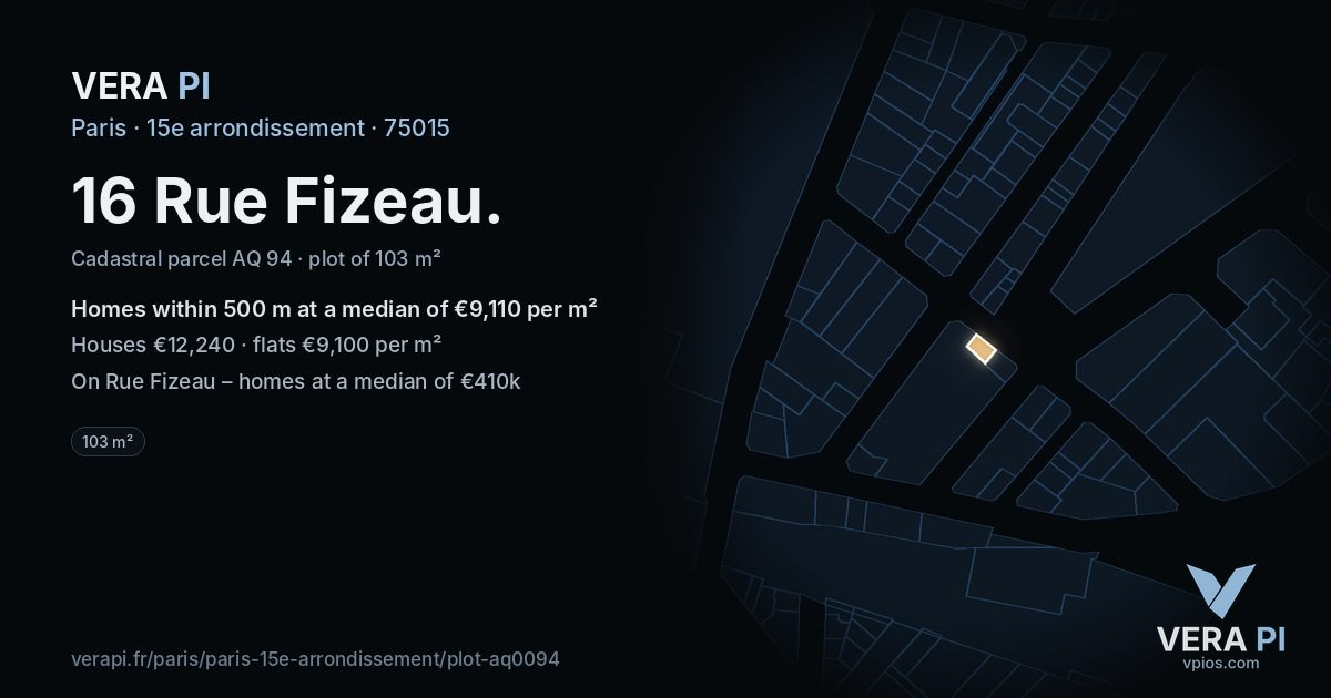 16 Rue Fizeau, 15e arrondissement at night – the plot lit, the parcels around coloured by the prices near them