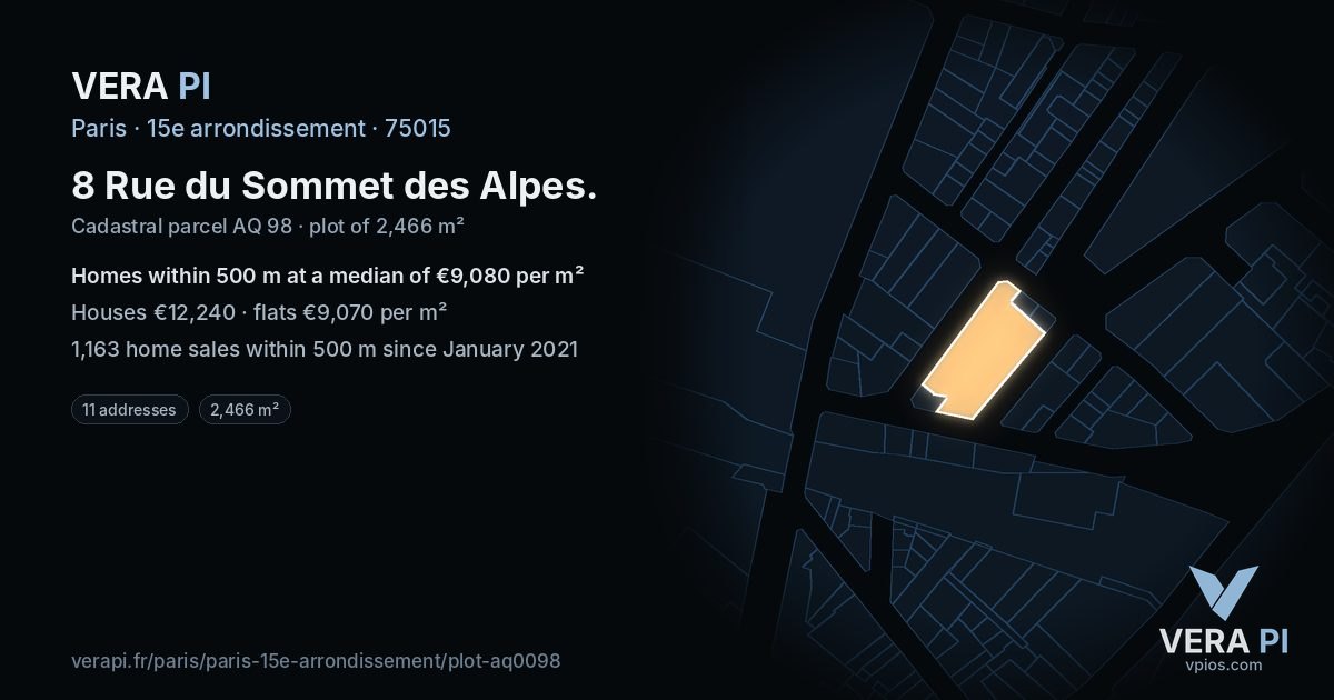 8 Rue du Sommet des Alpes, 15e arrondissement at night – the plot lit, the parcels around coloured by the prices near them