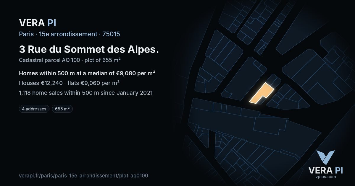 3 Rue du Sommet des Alpes, 15e arrondissement at night – the plot lit, the parcels around coloured by the prices near them