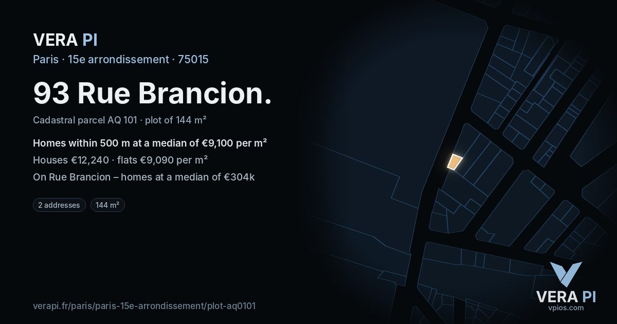 93 Rue Brancion, 15e arrondissement at night – the plot lit, the parcels around coloured by the prices near them