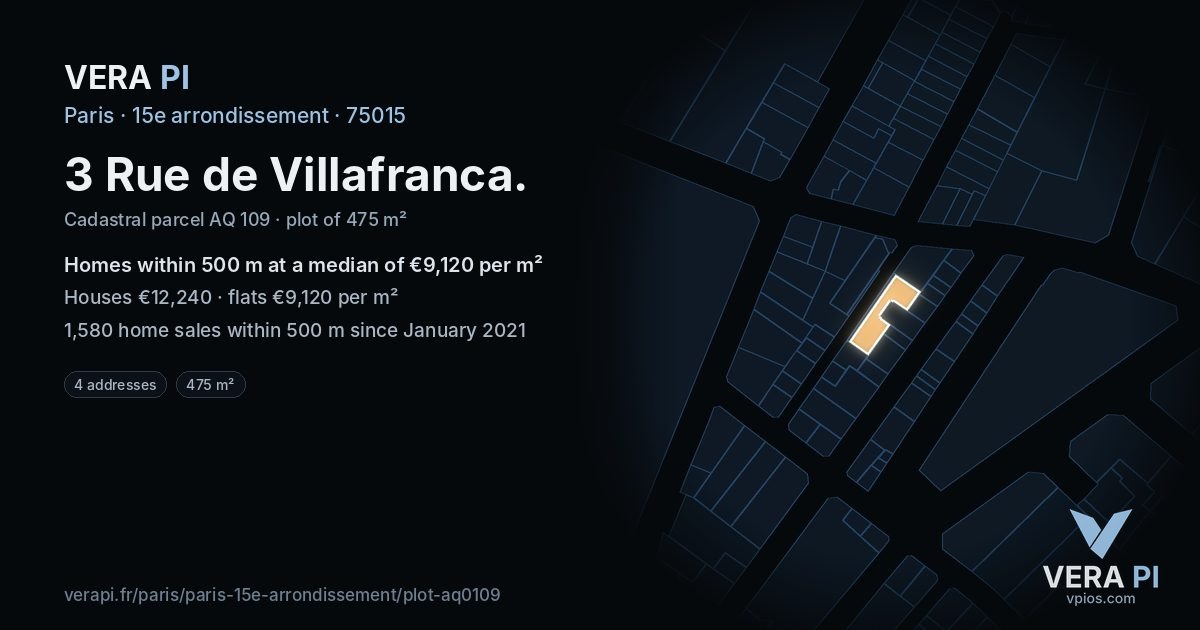 3 Rue de Villafranca, 15e arrondissement at night – the plot lit, the parcels around coloured by the prices near them