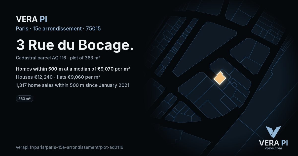 3 Rue du Bocage, 15e arrondissement at night – the plot lit, the parcels around coloured by the prices near them