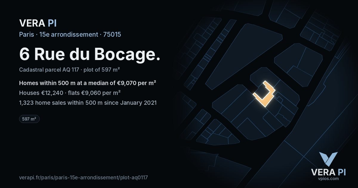 6 Rue du Bocage, 15e arrondissement at night – the plot lit, the parcels around coloured by the prices near them