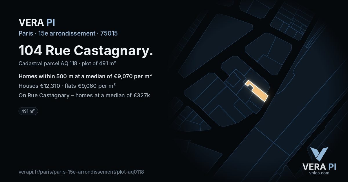 104 Rue Castagnary, 15e arrondissement at night – the plot lit, the parcels around coloured by the prices near them