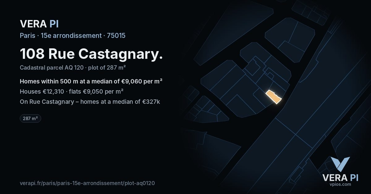 108 Rue Castagnary, 15e arrondissement at night – the plot lit, the parcels around coloured by the prices near them