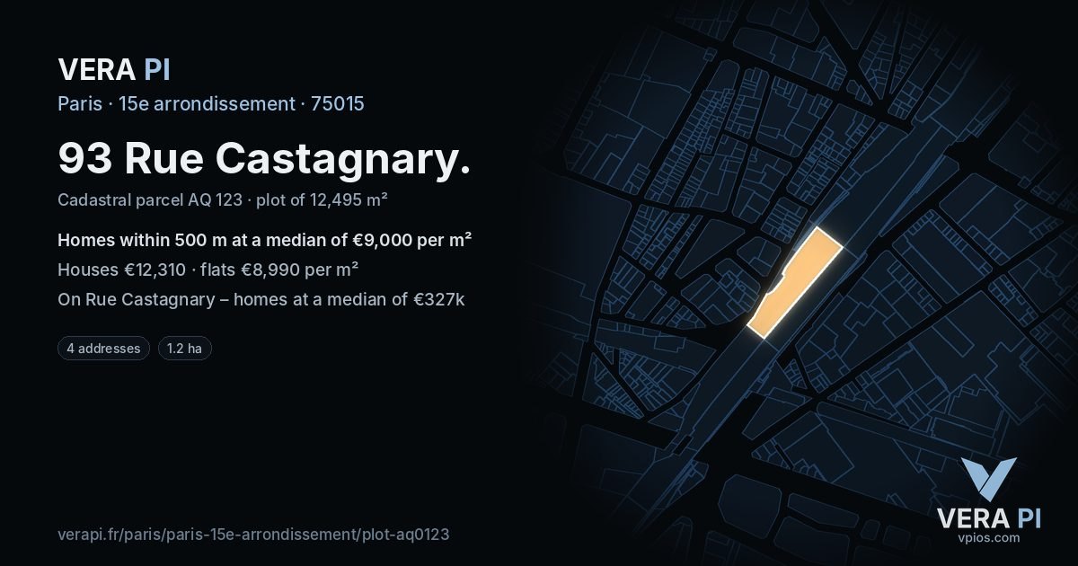 93 Rue Castagnary, 15e arrondissement at night – the plot lit, the parcels around coloured by the prices near them