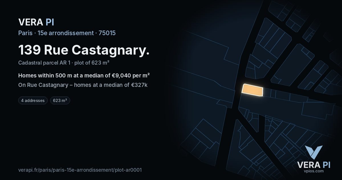 139 Rue Castagnary, 15e arrondissement at night – the plot lit, the parcels around coloured by the prices near them