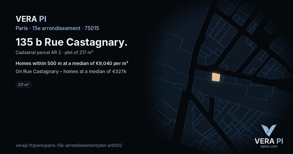 135 b Rue Castagnary, 15e arrondissement at night – the plot lit, the parcels around coloured by the prices near them