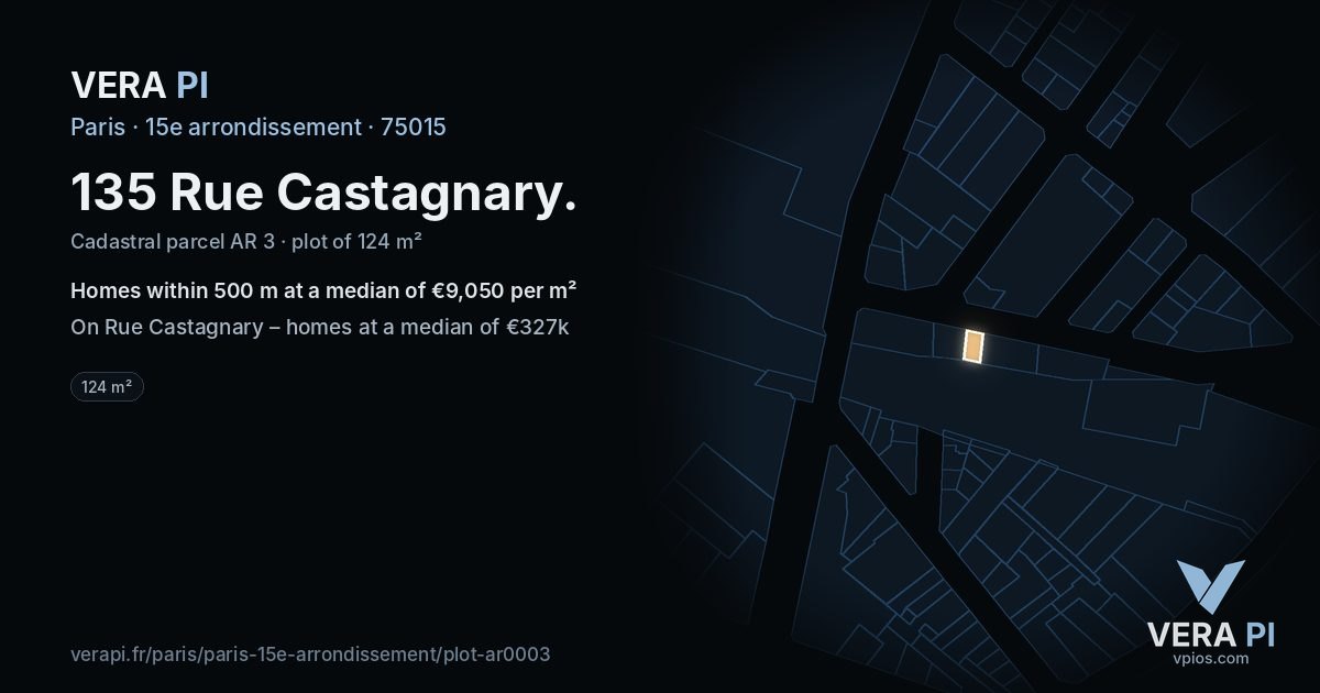 135 Rue Castagnary, 15e arrondissement at night – the plot lit, the parcels around coloured by the prices near them
