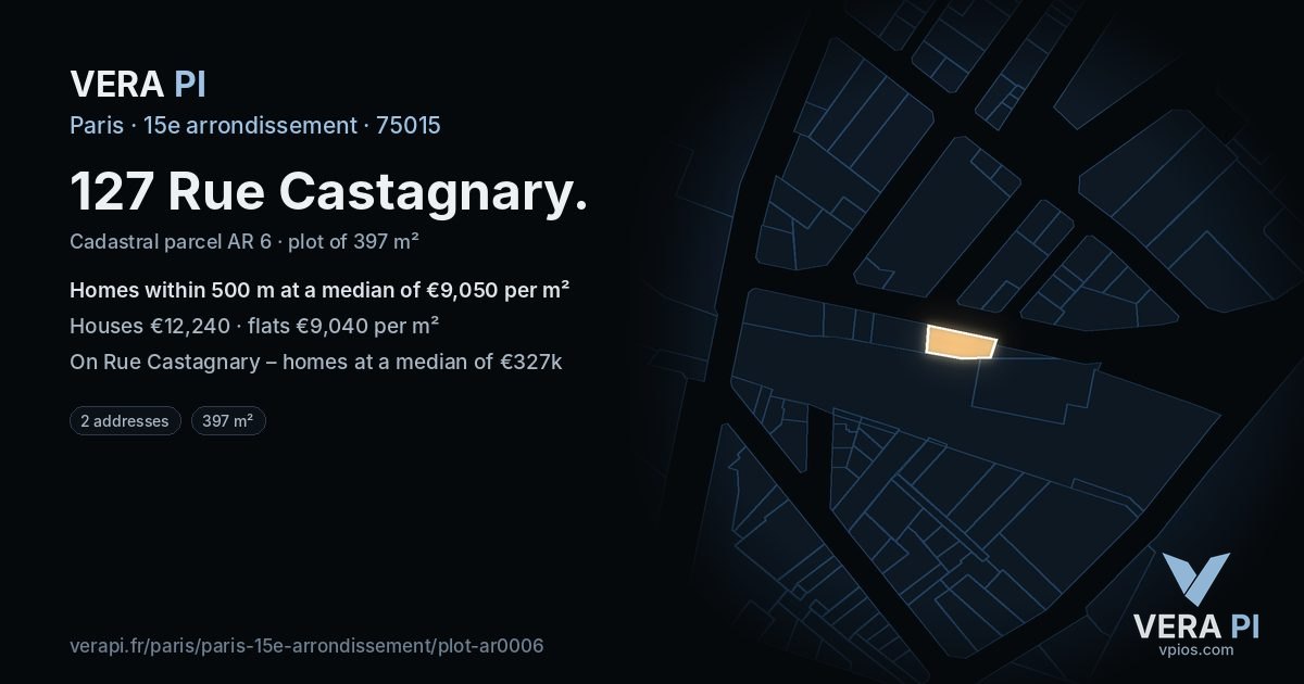 127 Rue Castagnary, 15e arrondissement at night – the plot lit, the parcels around coloured by the prices near them