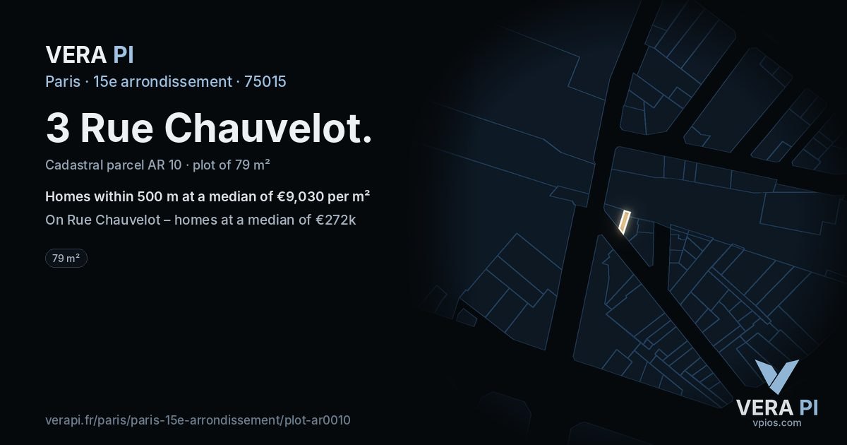 3 Rue Chauvelot, 15e arrondissement at night – the plot lit, the parcels around coloured by the prices near them