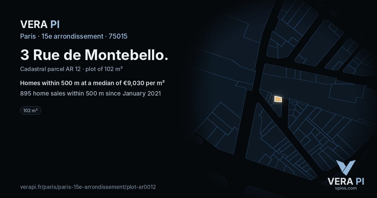 3 Rue de Montebello, 15e arrondissement at night – the plot lit, the parcels around coloured by the prices near them