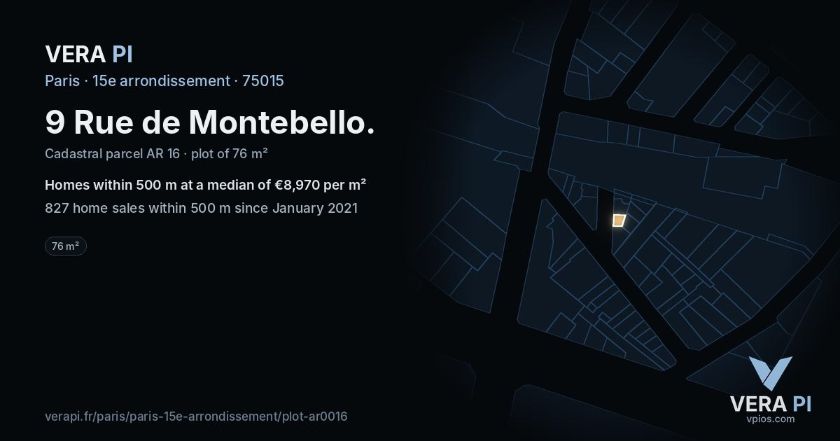 9 Rue de Montebello, 15e arrondissement at night – the plot lit, the parcels around coloured by the prices near them