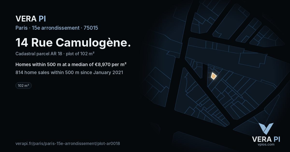 14 Rue Camulogène, 15e arrondissement at night – the plot lit, the parcels around coloured by the prices near them