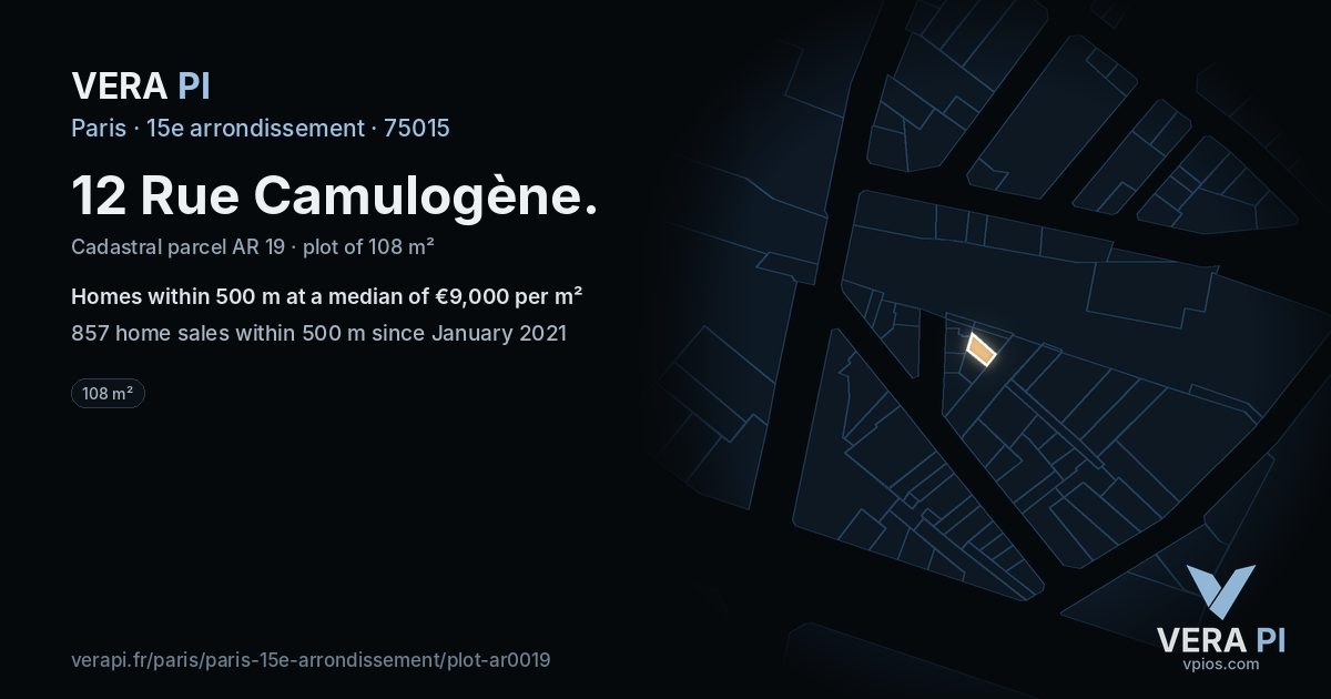 12 Rue Camulogène, 15e arrondissement at night – the plot lit, the parcels around coloured by the prices near them