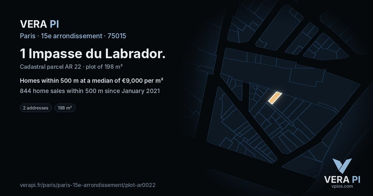 1 Impasse du Labrador, 15e arrondissement at night – the plot lit, the parcels around coloured by the prices near them