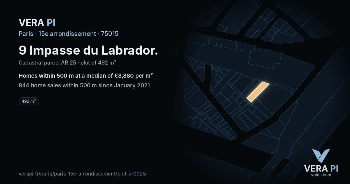 9 Impasse du Labrador, 15e arrondissement at night – the plot lit, the parcels around coloured by the prices near them