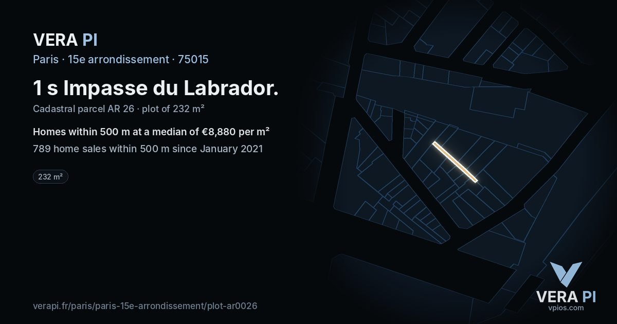 1 s Impasse du Labrador, 15e arrondissement at night – the plot lit, the parcels around coloured by the prices near them