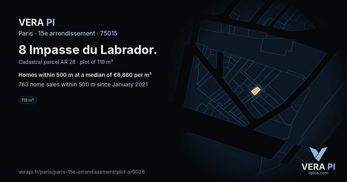 8 Impasse du Labrador, 15e arrondissement at night – the plot lit, the parcels around coloured by the prices near them