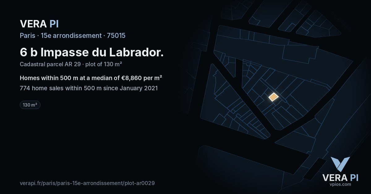 6 b Impasse du Labrador, 15e arrondissement at night – the plot lit, the parcels around coloured by the prices near them