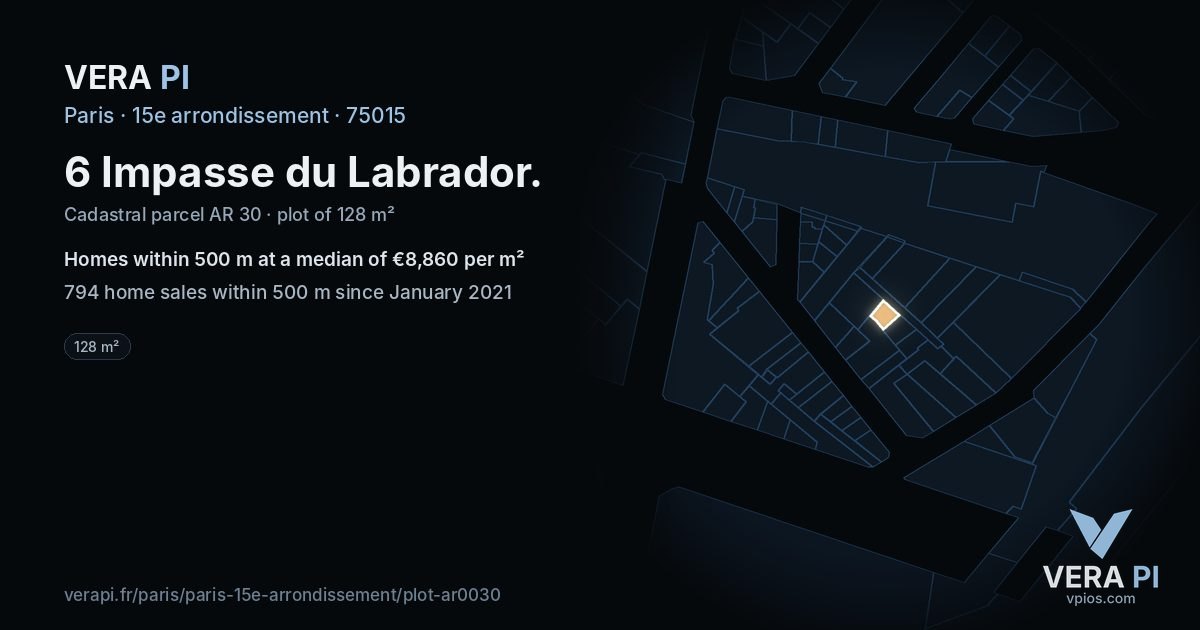 6 Impasse du Labrador, 15e arrondissement at night – the plot lit, the parcels around coloured by the prices near them