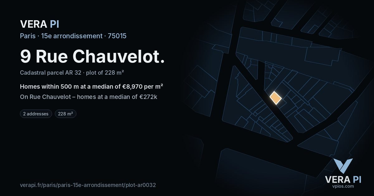 9 Rue Chauvelot, 15e arrondissement at night – the plot lit, the parcels around coloured by the prices near them
