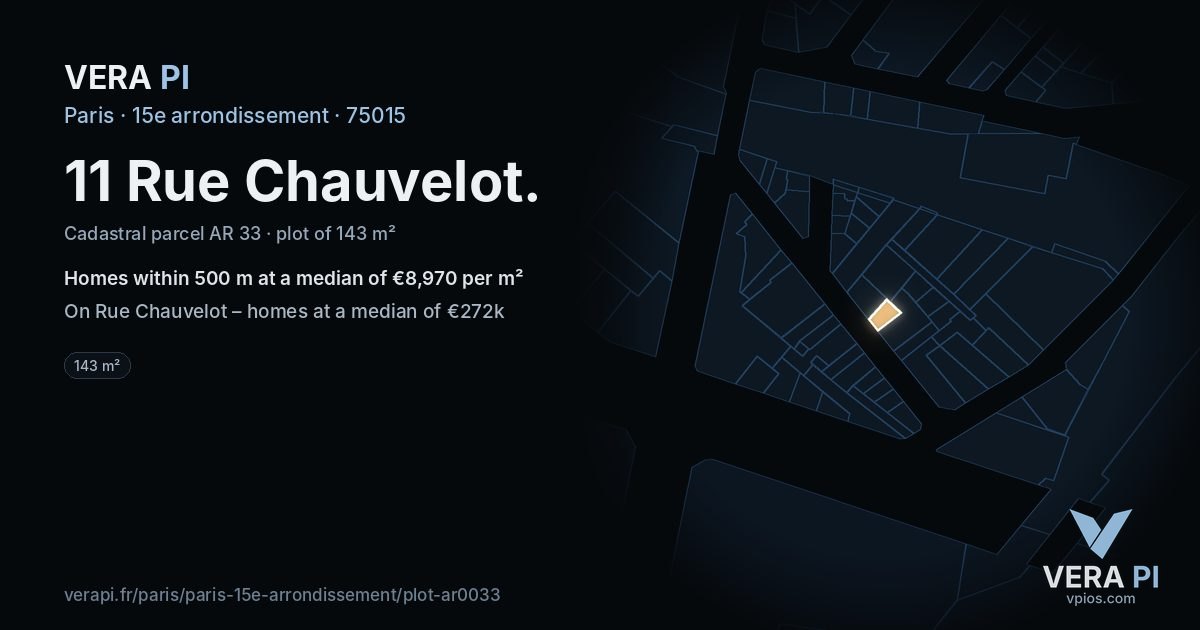 11 Rue Chauvelot, 15e arrondissement at night – the plot lit, the parcels around coloured by the prices near them