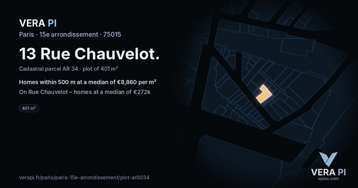 13 Rue Chauvelot, 15e arrondissement at night – the plot lit, the parcels around coloured by the prices near them