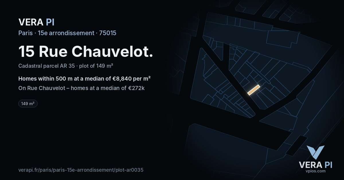 15 Rue Chauvelot, 15e arrondissement at night – the plot lit, the parcels around coloured by the prices near them