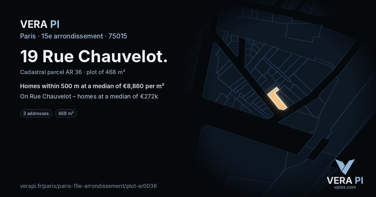 19 Rue Chauvelot, 15e arrondissement at night – the plot lit, the parcels around coloured by the prices near them