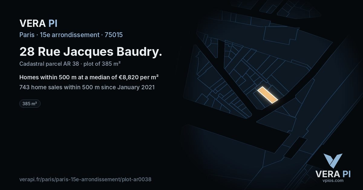 28 Rue Jacques Baudry, 15e arrondissement at night – the plot lit, the parcels around coloured by the prices near them