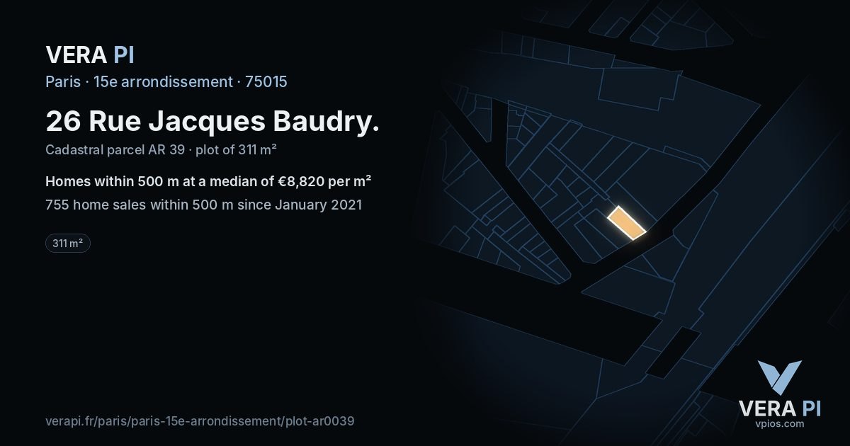 26 Rue Jacques Baudry, 15e arrondissement at night – the plot lit, the parcels around coloured by the prices near them