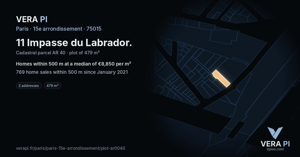 11 Impasse du Labrador, 15e arrondissement at night – the plot lit, the parcels around coloured by the prices near them