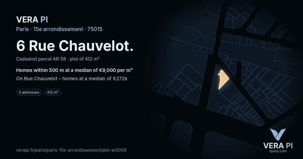 6 Rue Chauvelot, 15e arrondissement at night – the plot lit, the parcels around coloured by the prices near them