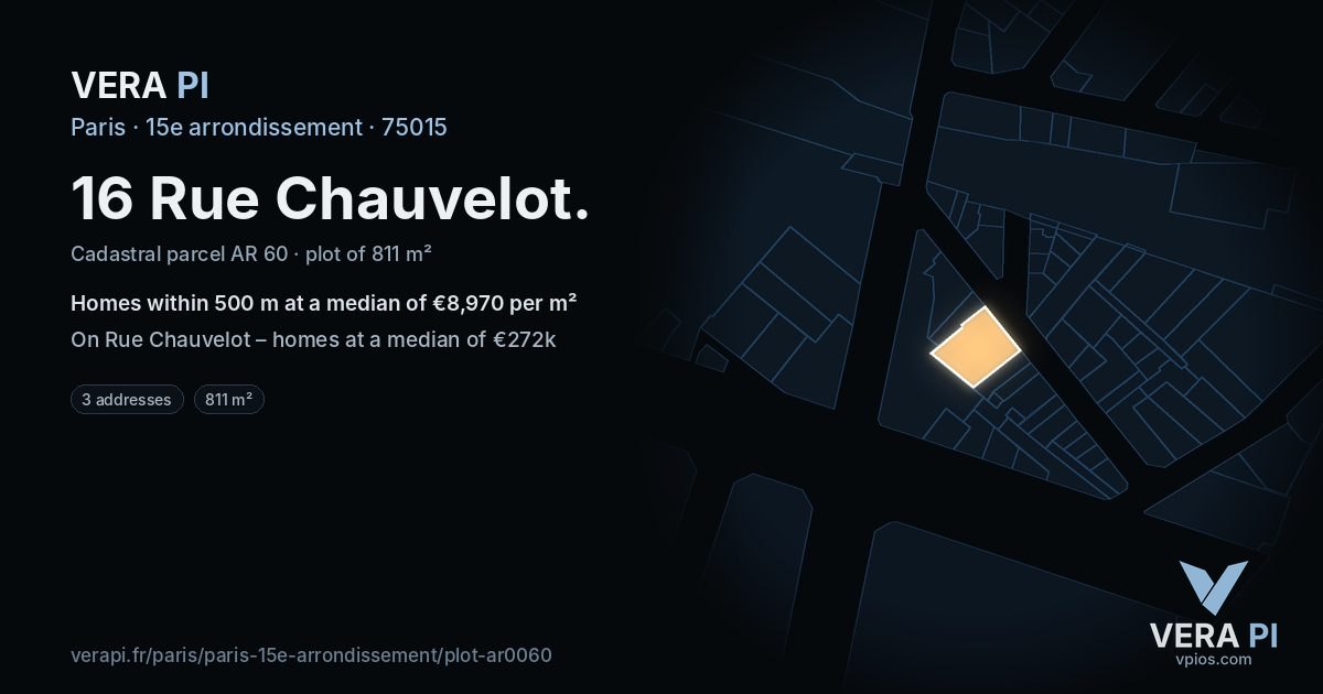 16 Rue Chauvelot, 15e arrondissement at night – the plot lit, the parcels around coloured by the prices near them