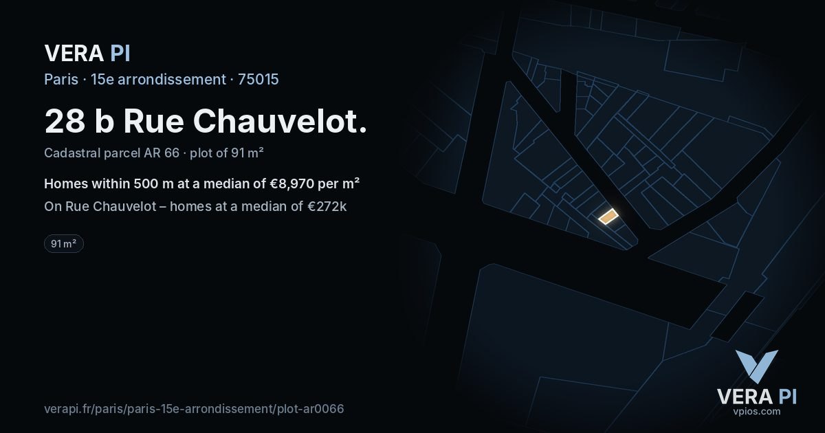 28 b Rue Chauvelot, 15e arrondissement at night – the plot lit, the parcels around coloured by the prices near them