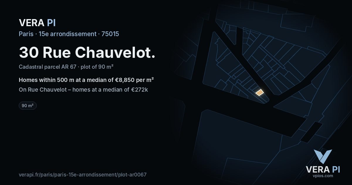 30 Rue Chauvelot, 15e arrondissement at night – the plot lit, the parcels around coloured by the prices near them