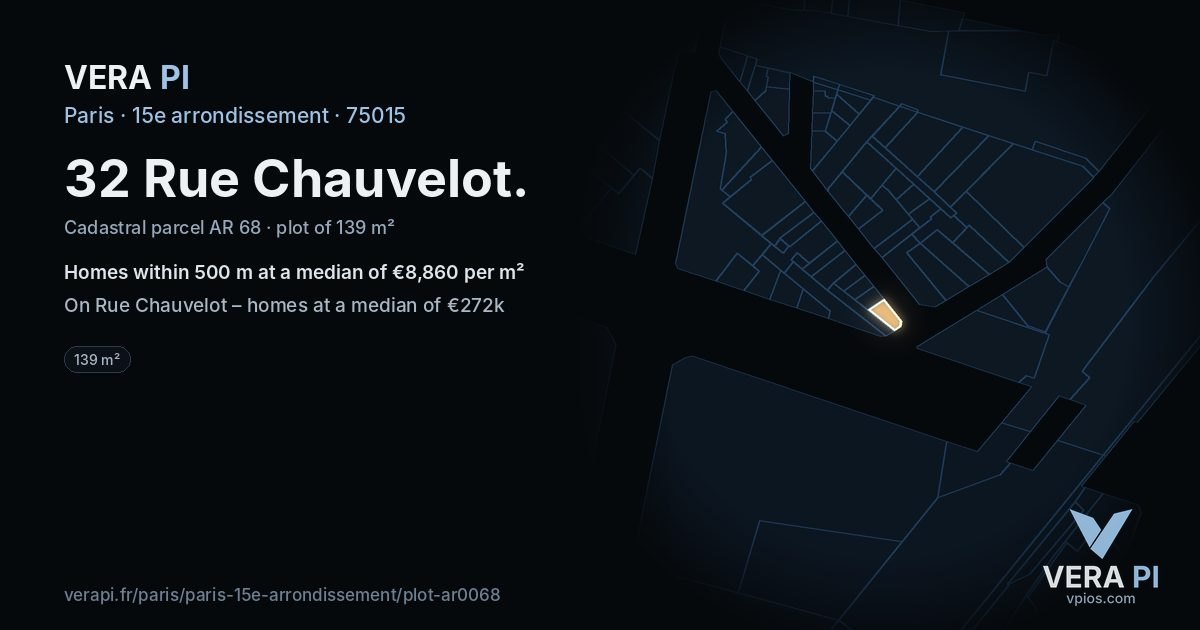 32 Rue Chauvelot, 15e arrondissement at night – the plot lit, the parcels around coloured by the prices near them