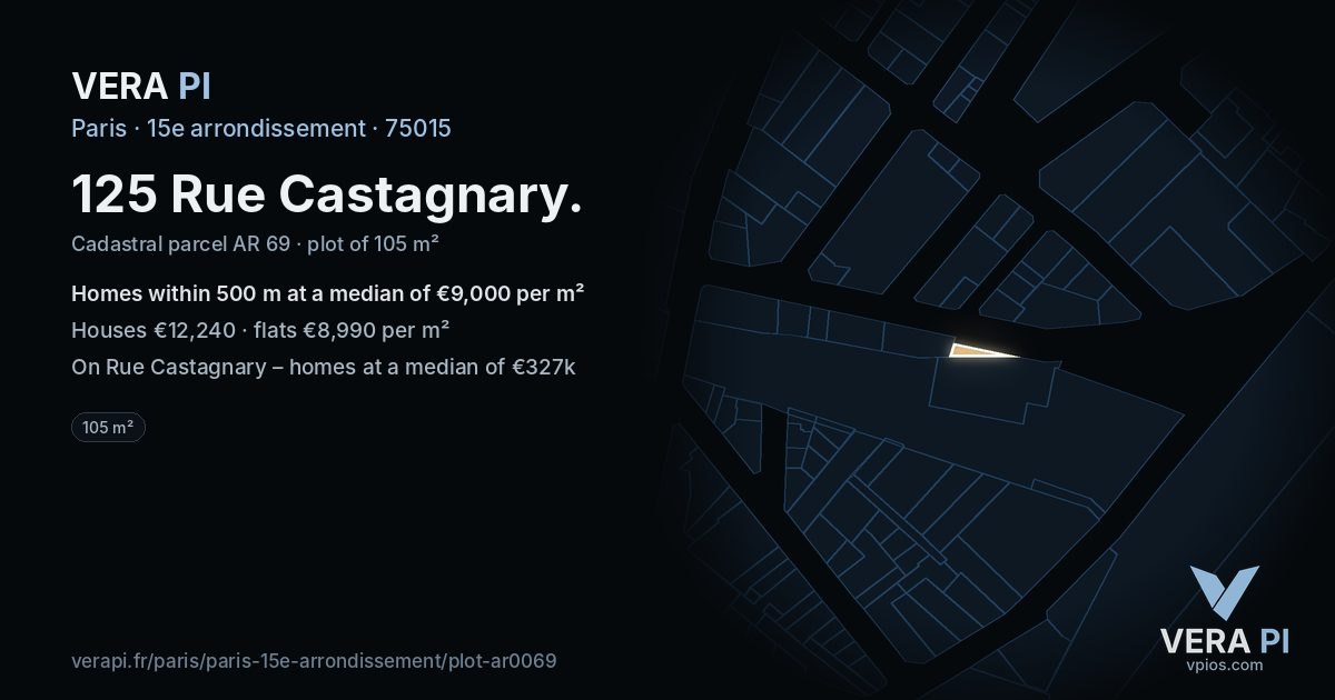 125 Rue Castagnary, 15e arrondissement at night – the plot lit, the parcels around coloured by the prices near them