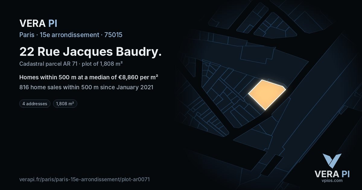 22 Rue Jacques Baudry, 15e arrondissement at night – the plot lit, the parcels around coloured by the prices near them