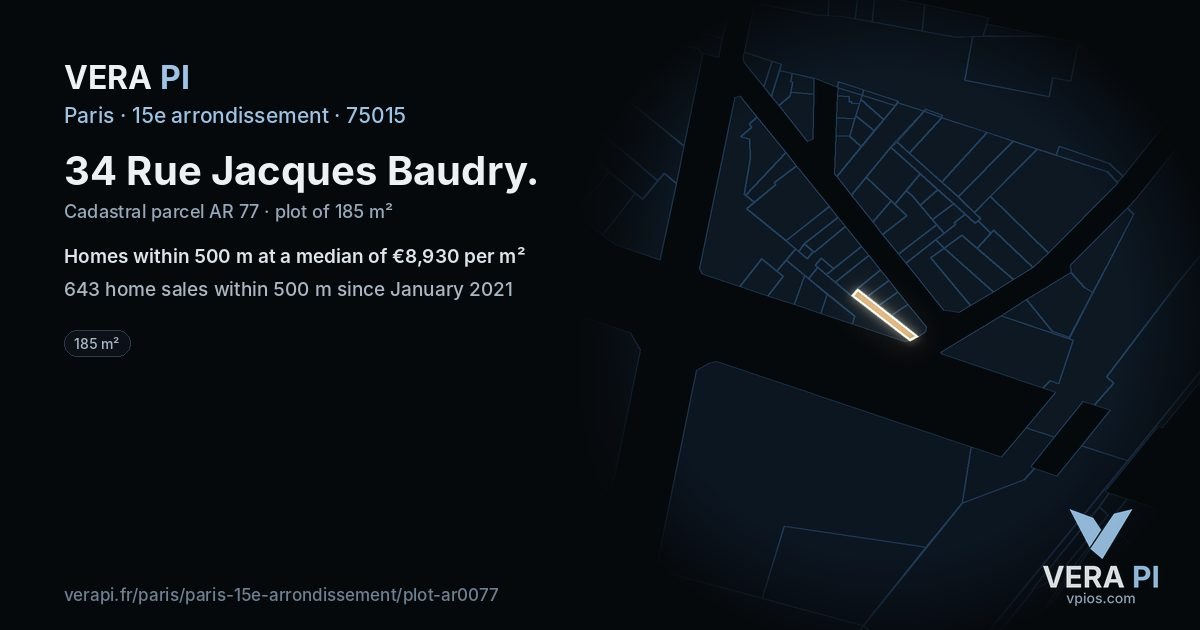 34 Rue Jacques Baudry, 15e arrondissement at night – the plot lit, the parcels around coloured by the prices near them