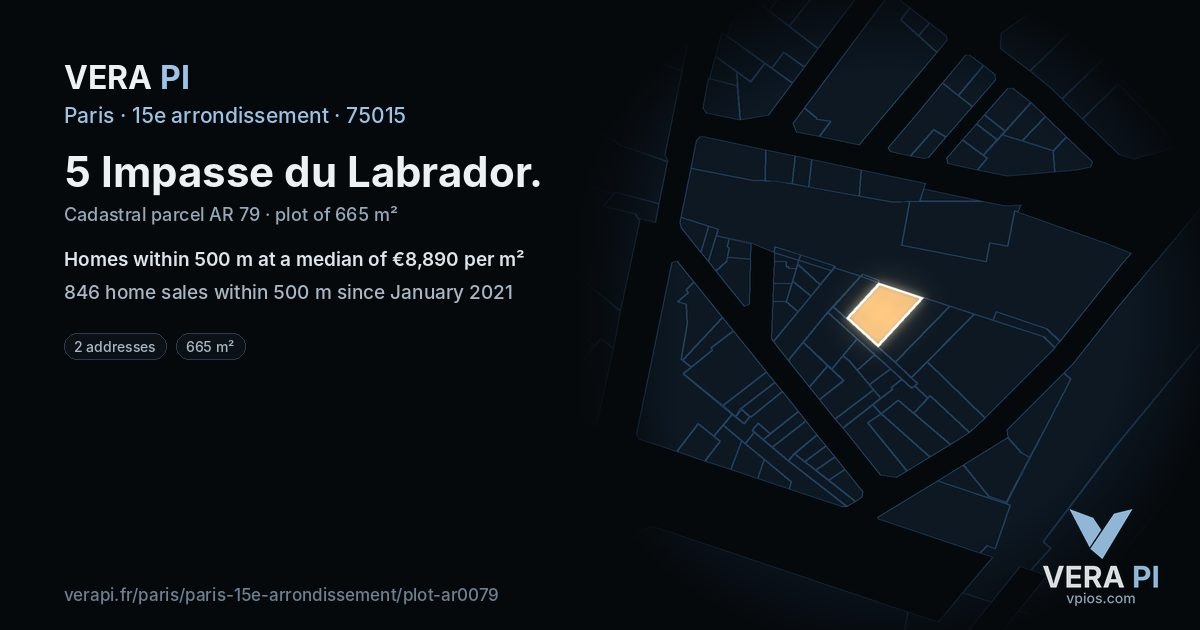 5 Impasse du Labrador, 15e arrondissement at night – the plot lit, the parcels around coloured by the prices near them