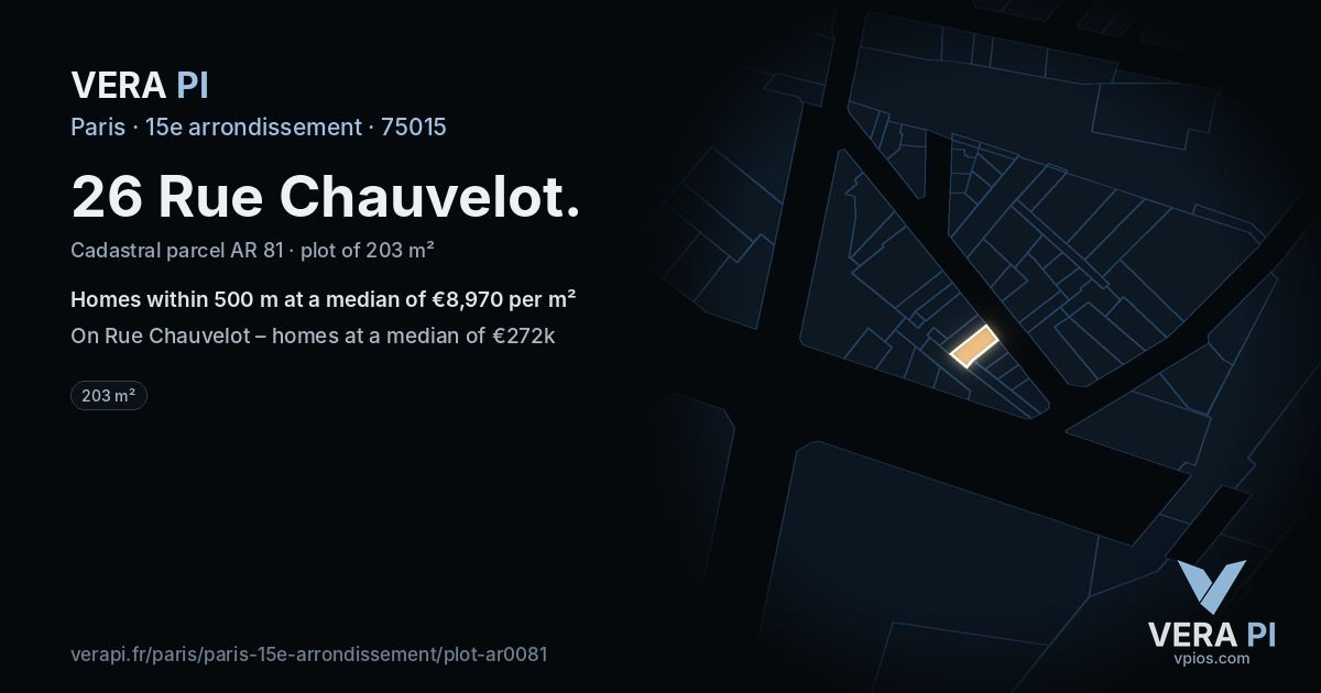 26 Rue Chauvelot, 15e arrondissement at night – the plot lit, the parcels around coloured by the prices near them