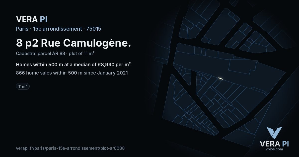 8 p2 Rue Camulogène, 15e arrondissement at night – the plot lit, the parcels around coloured by the prices near them